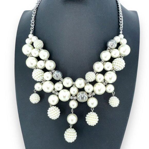 Faux Pearl Bib Style Dangle Beads With Ball Beads Silver Plated Chain necklace b - Picture 2 of 9